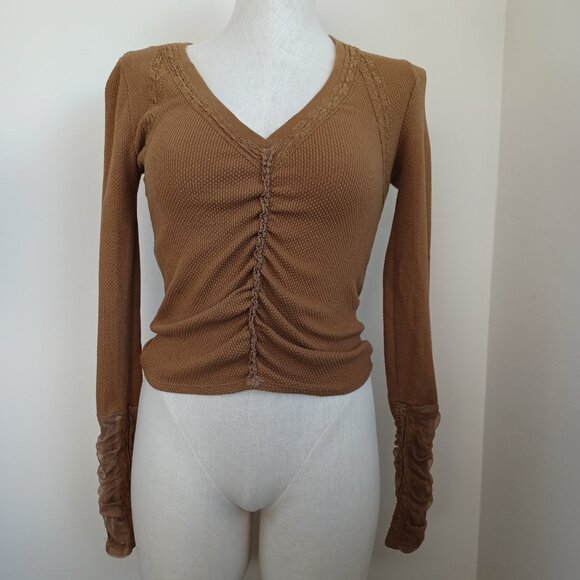 Free People Top Wear Me Out Brown Waffle Knit Long Sleeve Cropped Tee Size XS - Picture 2 of 16